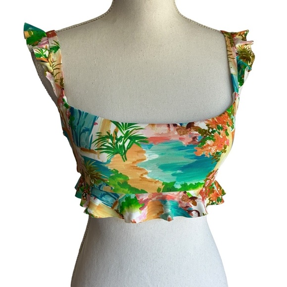 Show Me Your MuMu Tropical Print Ruffle Crop Swim Top Small - Picture 3 of 9